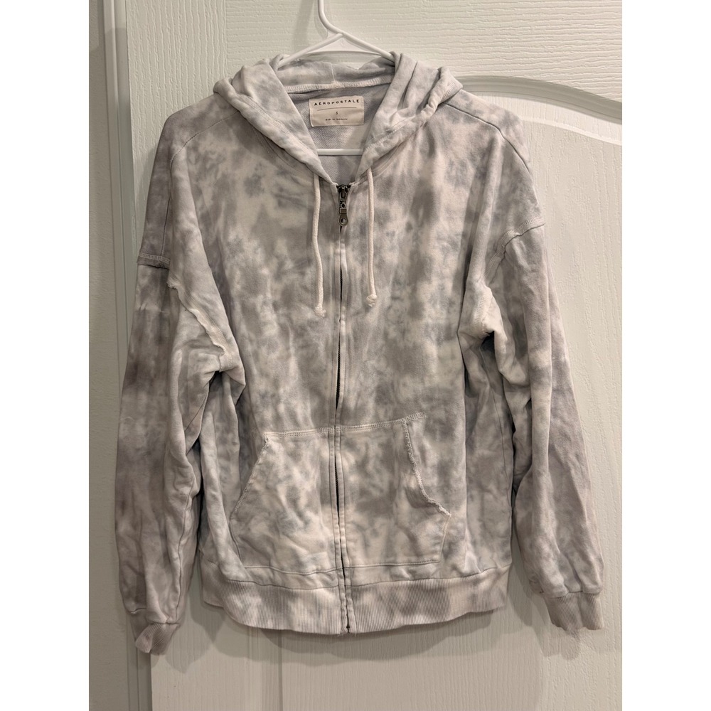 Aeropostale Womens Small Grey White Tie Dye Full Zip Hoodie Sweatshirt Cotton